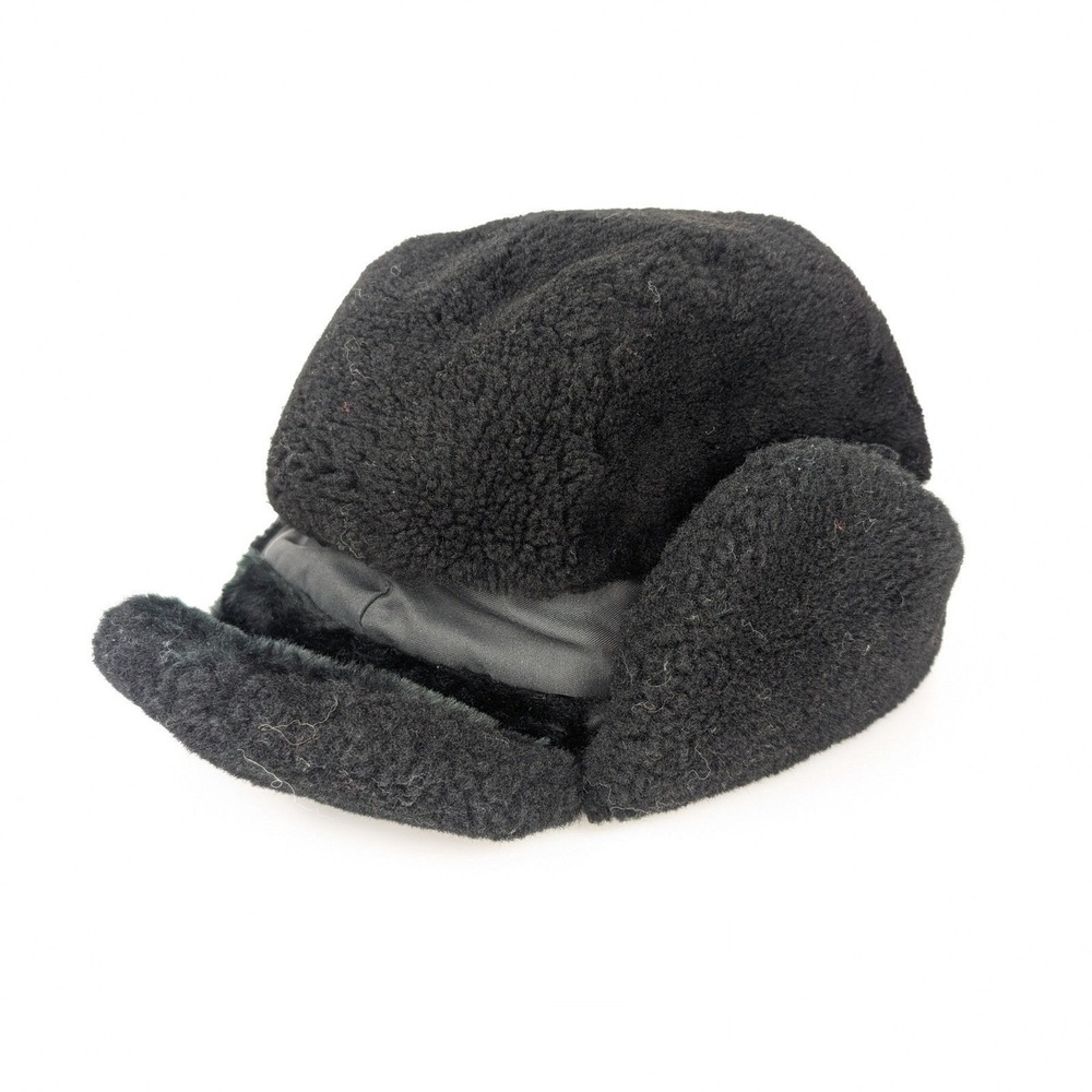 Mens Sheepskin Wool Ushanka Trapper Hat Size L Black Aviator Bomber Ski Ear Flap